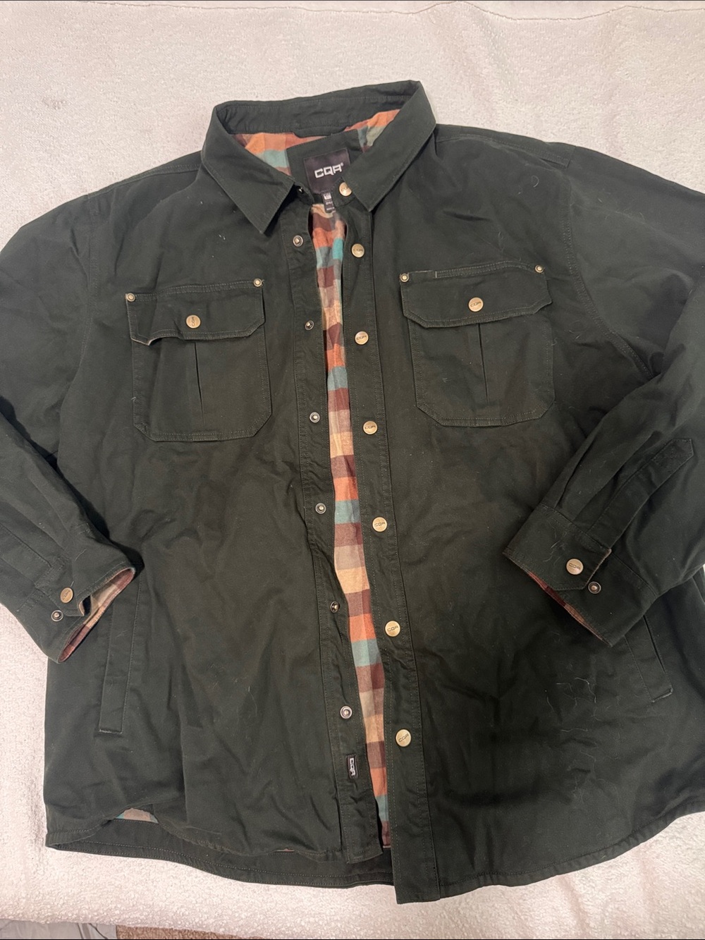 Men's Dark Green Lightweight Shirt Jacket with Plaid Trim